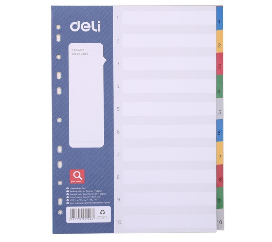 Разделитель Deli A4, 10 делений, ассорти