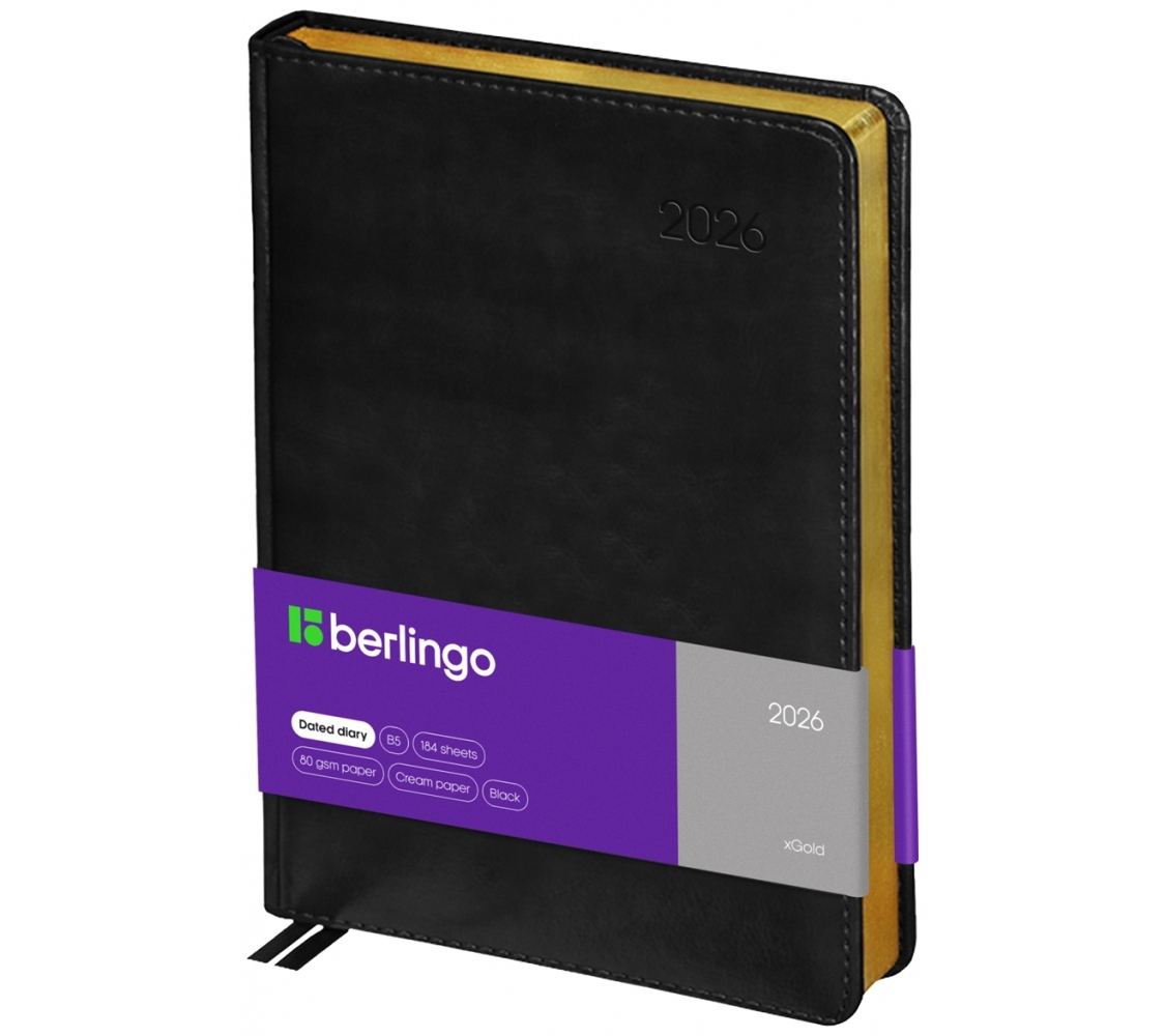Ежедневник датированный 2026г, А4-(B5), 184л, Berlingo 'xGold', черный, ЗОЛОТОЙ срез