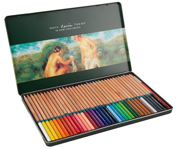 Профессиональные художественные акварельные карандаши Marco «RENOIR FINE ART WATER», 36 цветов, в металлическом футляре